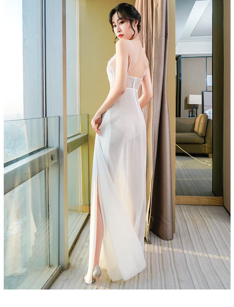 白ワンピース レース切替シースルーロングワンピース