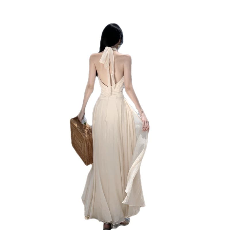 白ワンピース ホルターネックマキシワンピース