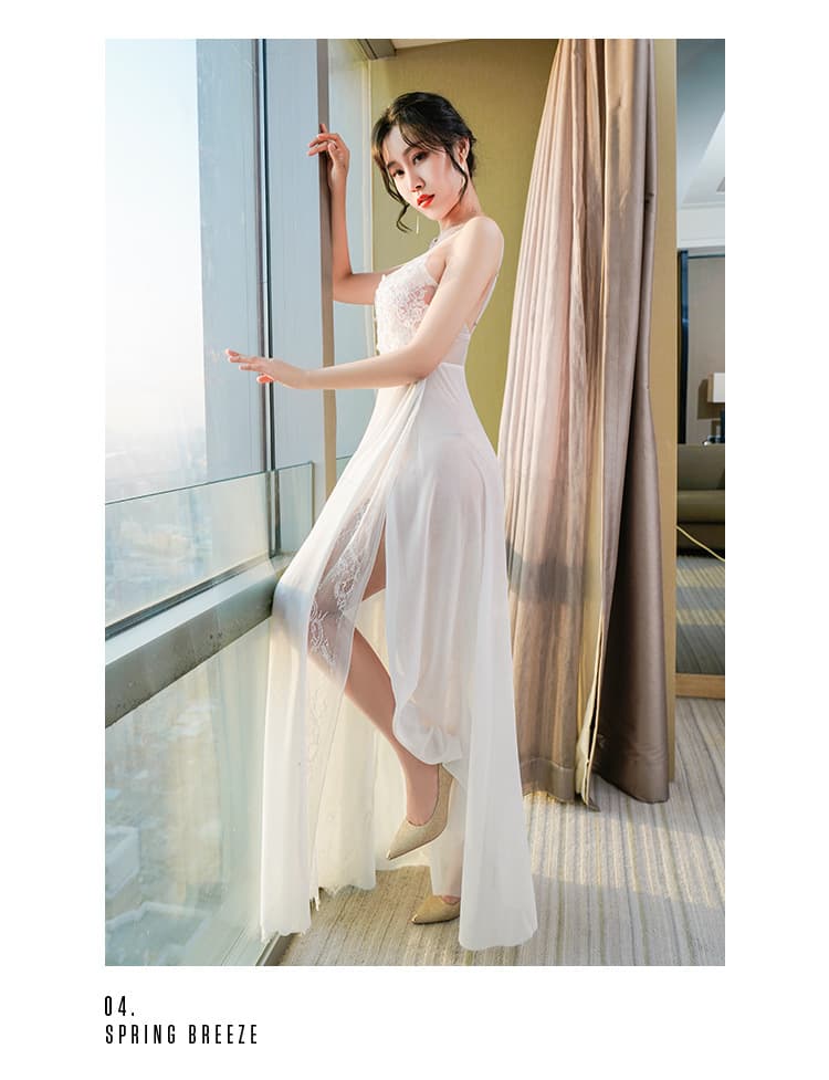 白ワンピース レース切替シースルーロングワンピース