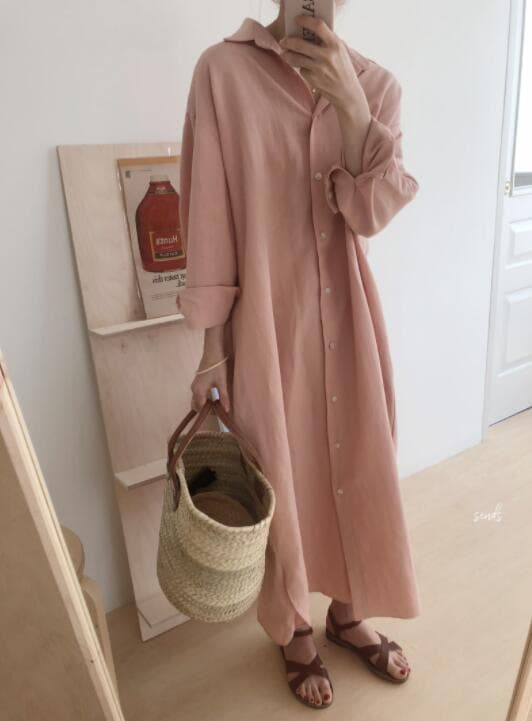 白ワンピース　ベーシックロングシャツワンピース