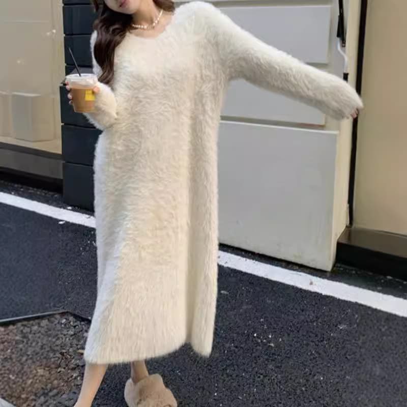 白ワンピース ふわもこミモレ丈ワンピース