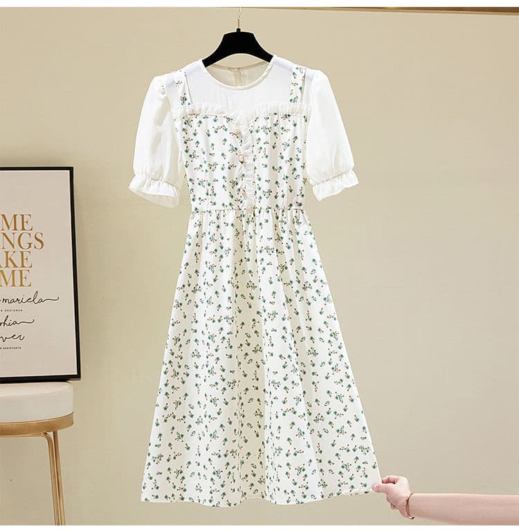 白ワンピース 花柄シアーメッシュパフスリーブミモレワンピース