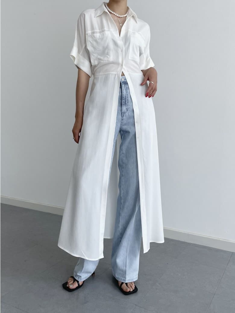 白ワンピース シンプル ロング シャツワンピース