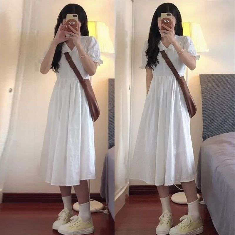 白ワンピース 清楚な雰囲気の襟付きミモレワンピース
