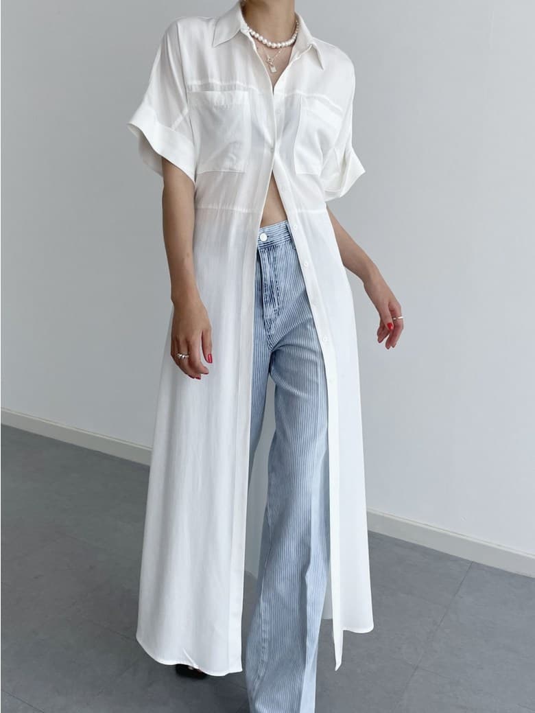 白ワンピース シンプル ロング シャツワンピース