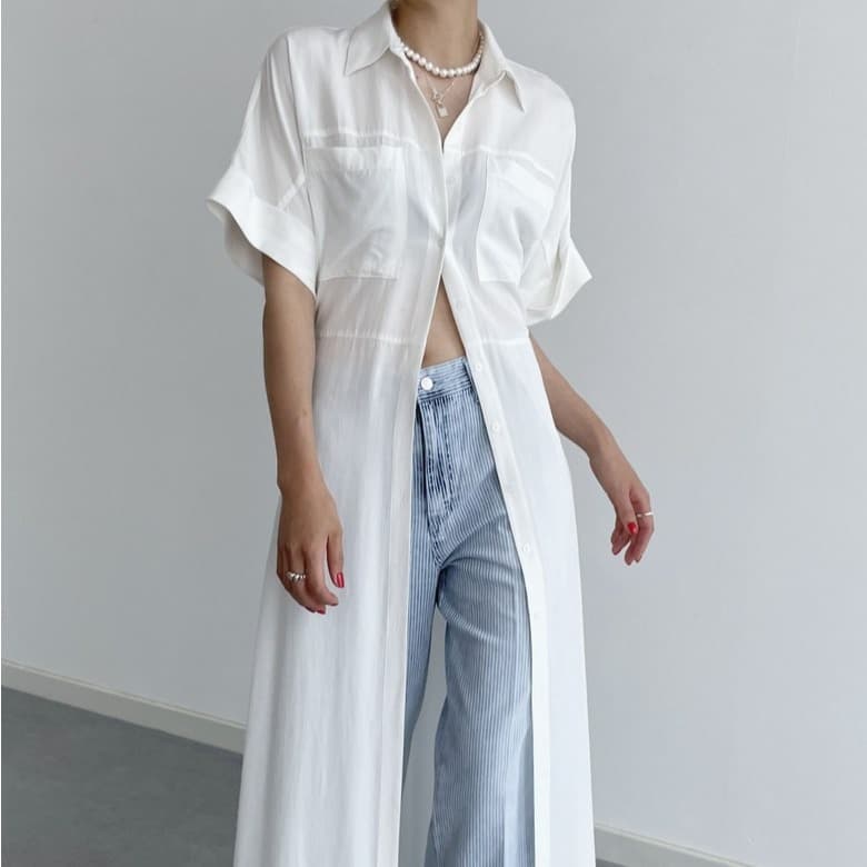 白ワンピース シンプル ロング シャツワンピース