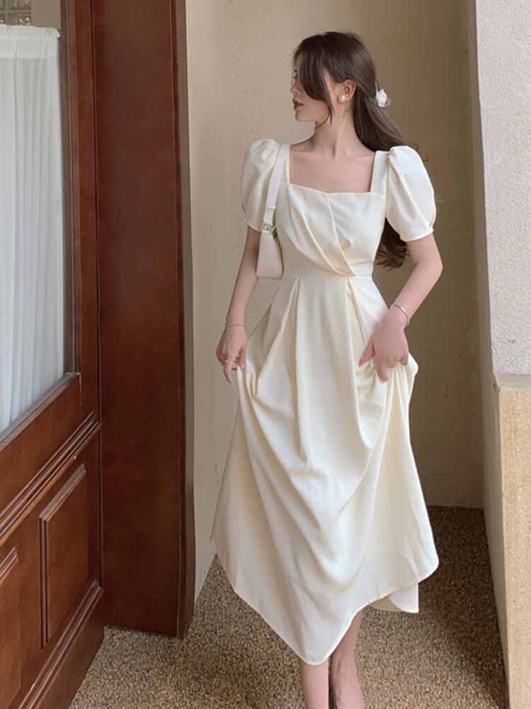 白ワンピース パフスリーブスクエアネックロングワンピース