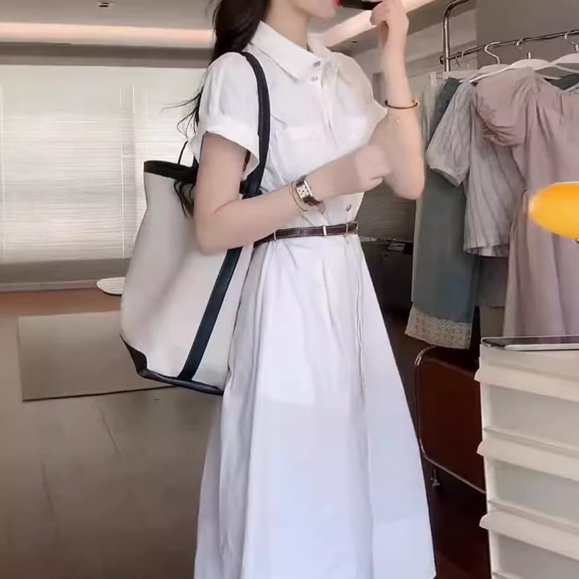 白ワンピース 上質シンプルシャツワンピース