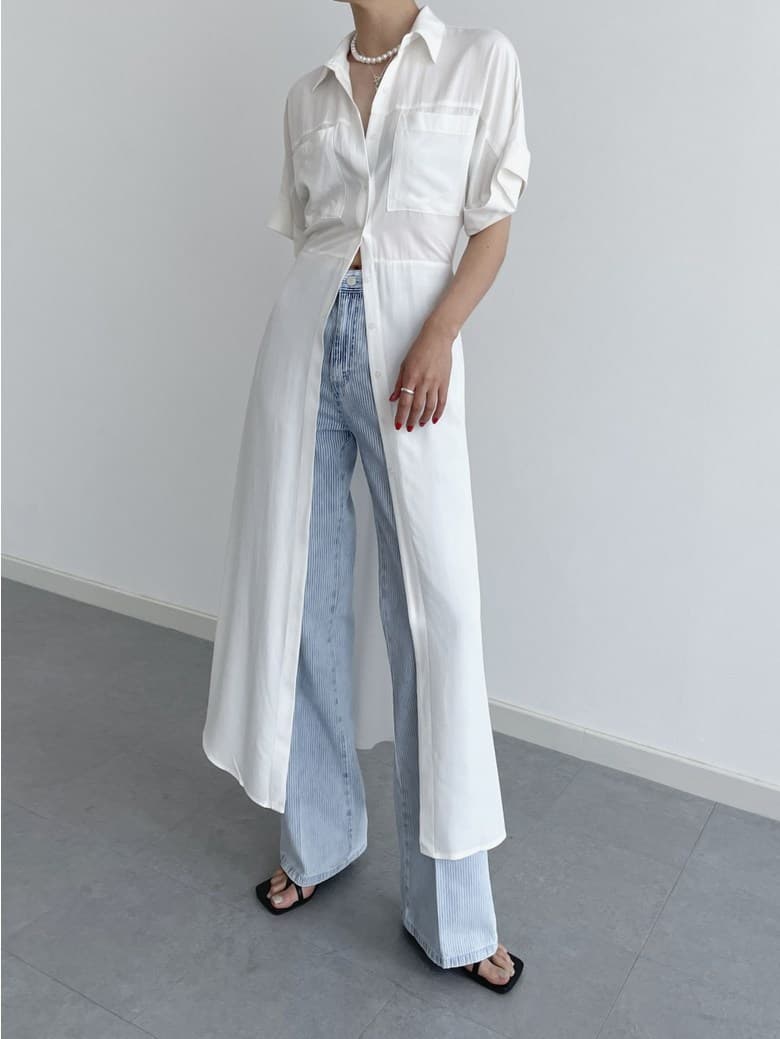 白ワンピース シンプル ロング シャツワンピース