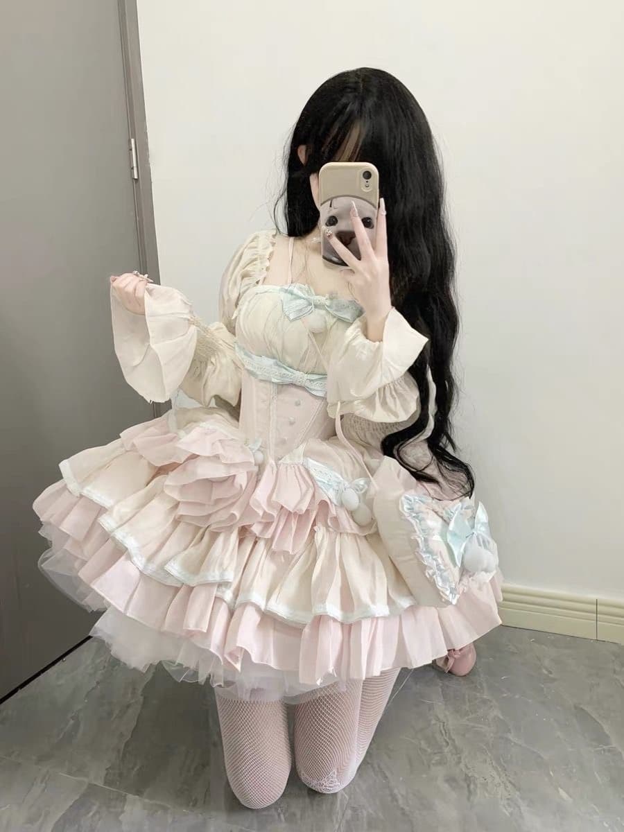 白ワンピース ふんわり姫袖リボンレースドレス
