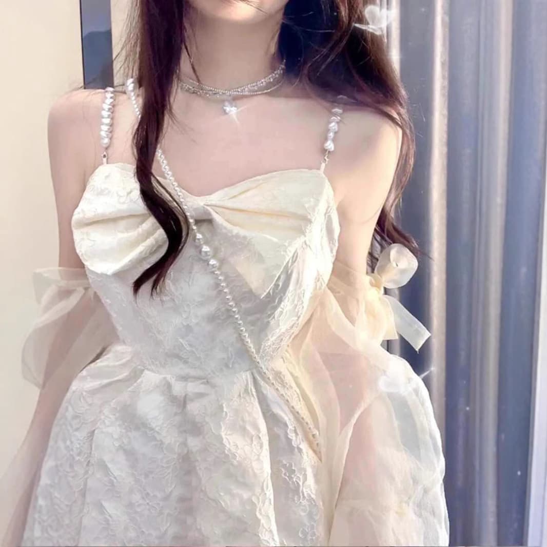 白ワンピース 真珠飾りレース姫風ドレスワンピース