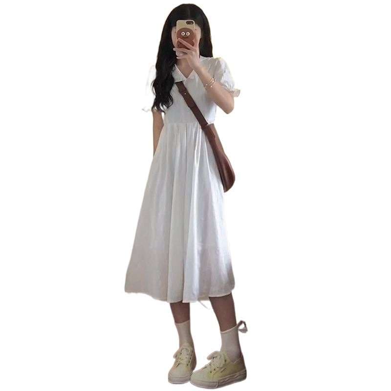 白ワンピース 清楚な雰囲気の襟付きミモレワンピース