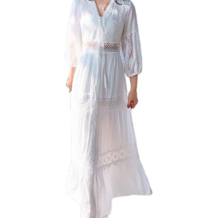 白ワンピース レース切替ティアードワンピース