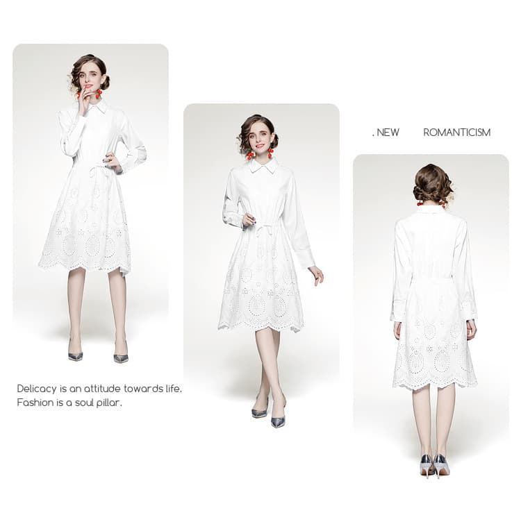 白ワンピース シンプル刺繍レースシャツミモレワンピース