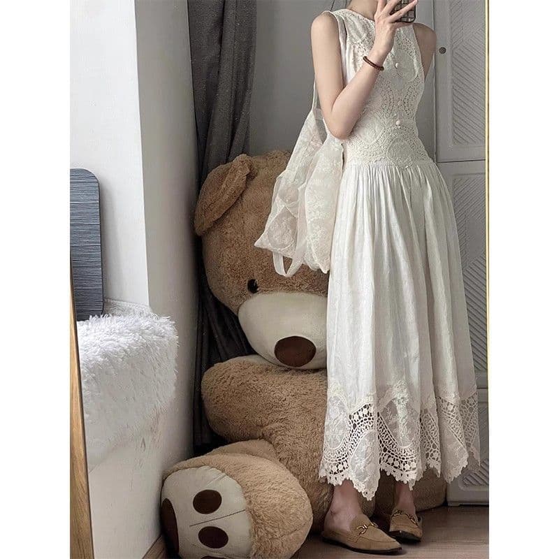 白ワンピース 優美な刺繍レースノースリーブロングワンピース