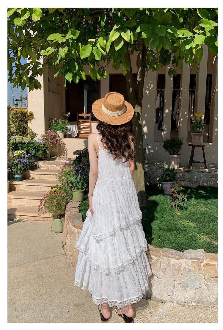 白ワンピース レース飾りティアードロングワンピース