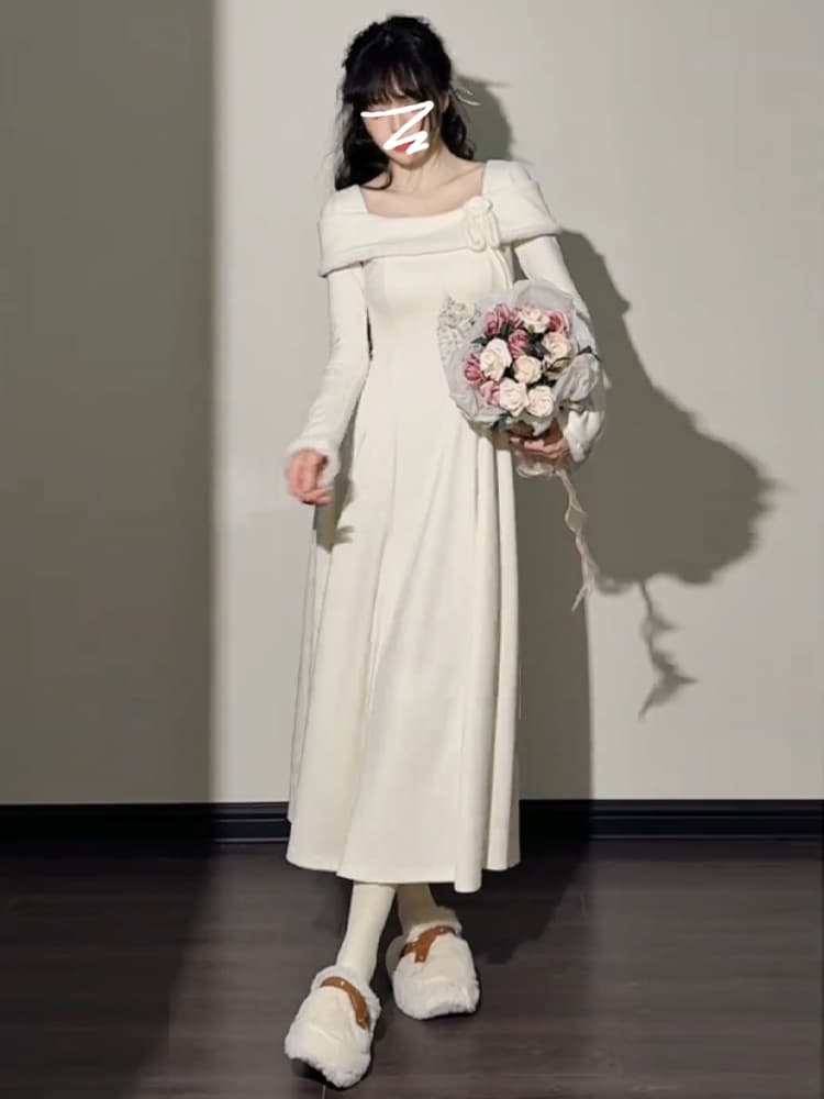 白ワンピース 姫系フリルネックロング丈ワンピース