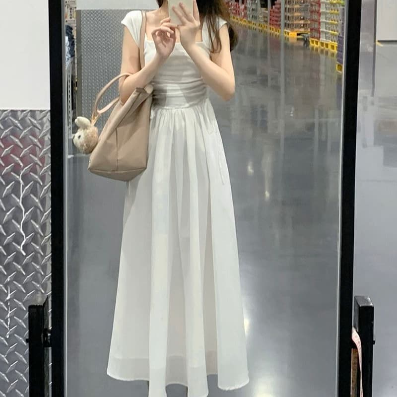 白ワンピース シンプル清楚フレアロングワンピース