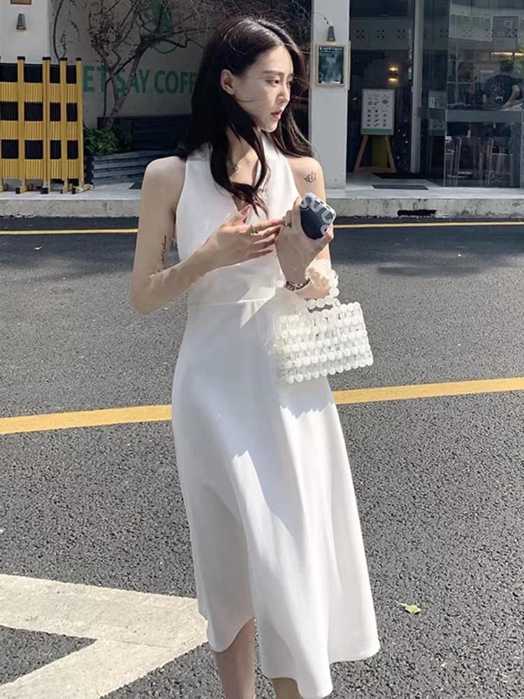 白ワンピース 上品Vネックノースリーブ ミモレワンピース