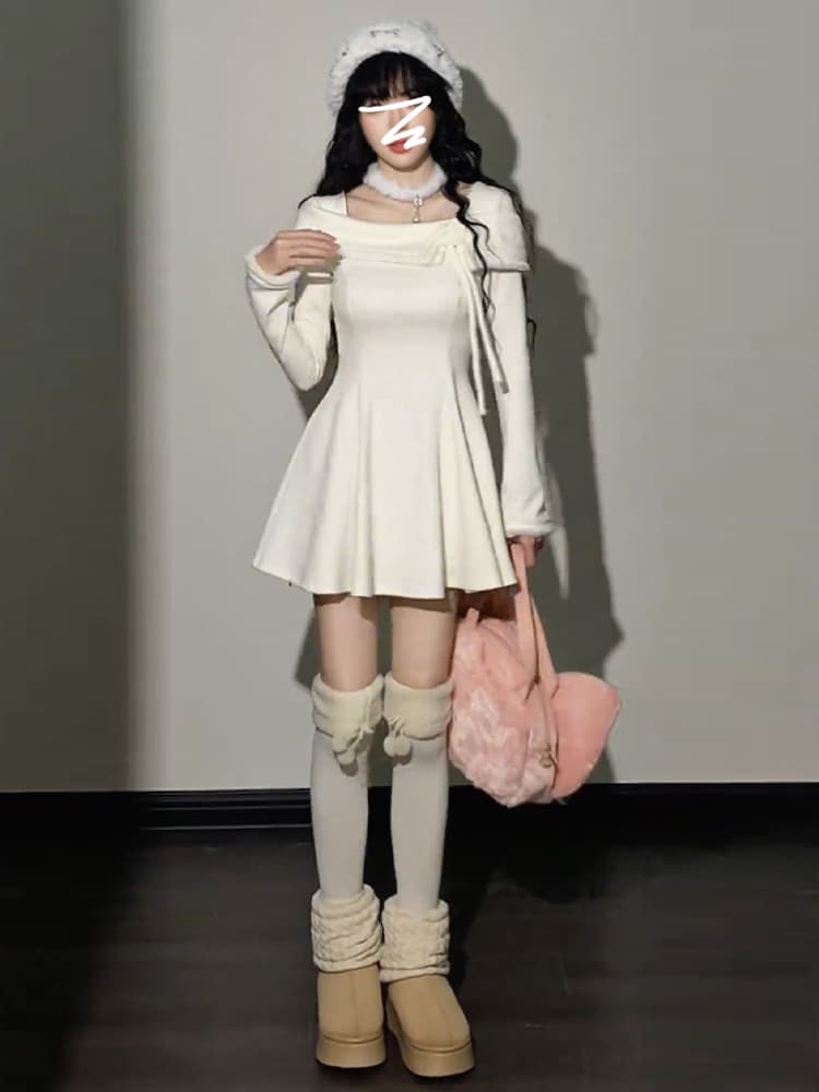 白ワンピース 姫系フリルネックロング丈ワンピース